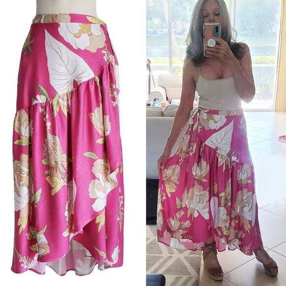 Cynthia Rowley Maxi Wrap Skirt Flowy Ruffle High Low Hem Floral Bright Pink M - Picture 1 of 14